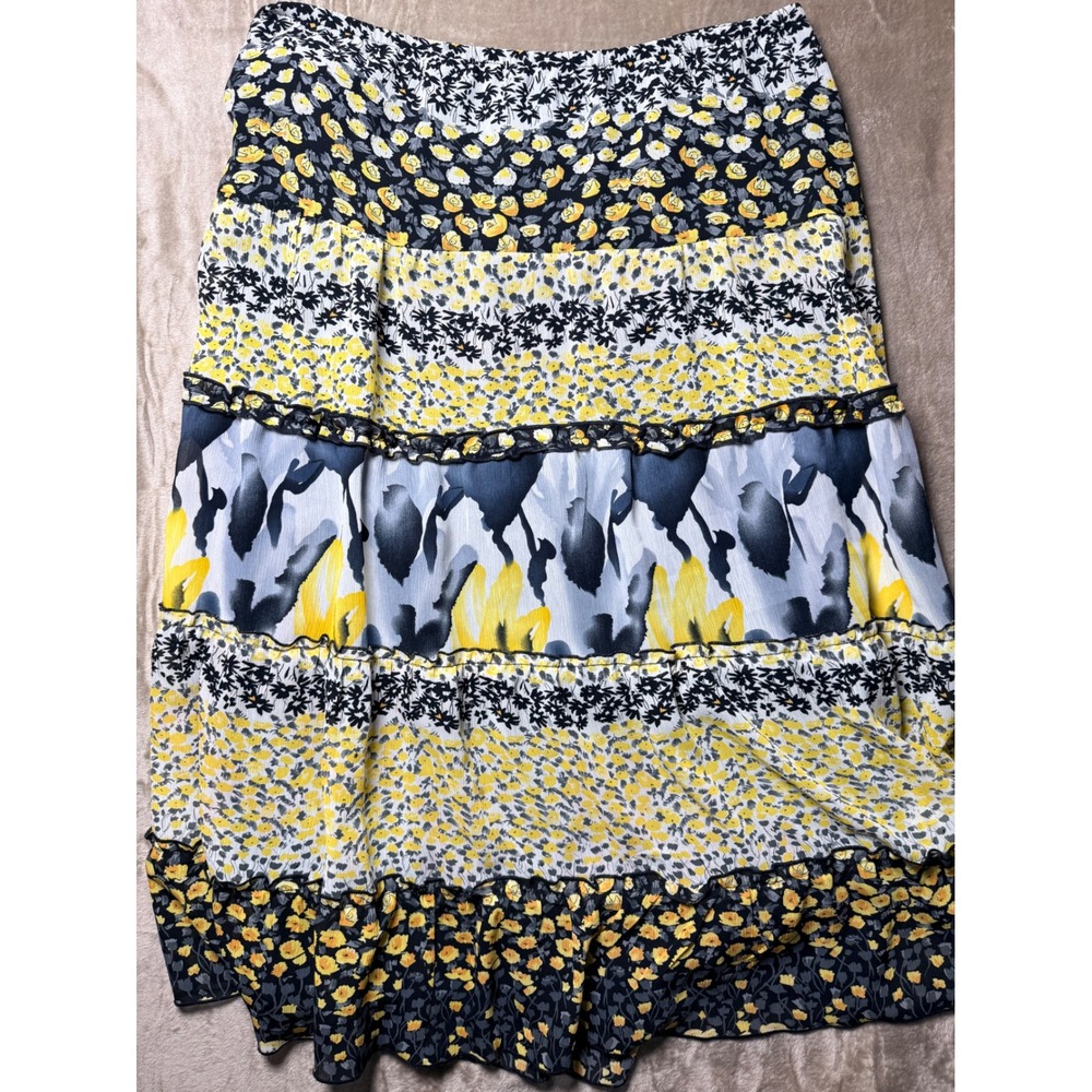 Notations Woman Yellow Black Floral Tiered Midi Skirt Plus Size 3X Cottage